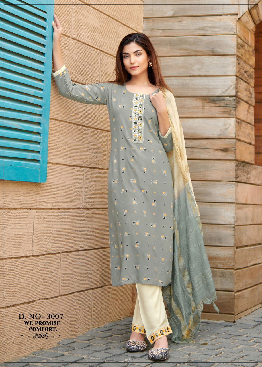 Rangjyot Rang Maya 3 Fancy Festive Wear Rayon Kurti Pant and Dupatta Readymade Collection